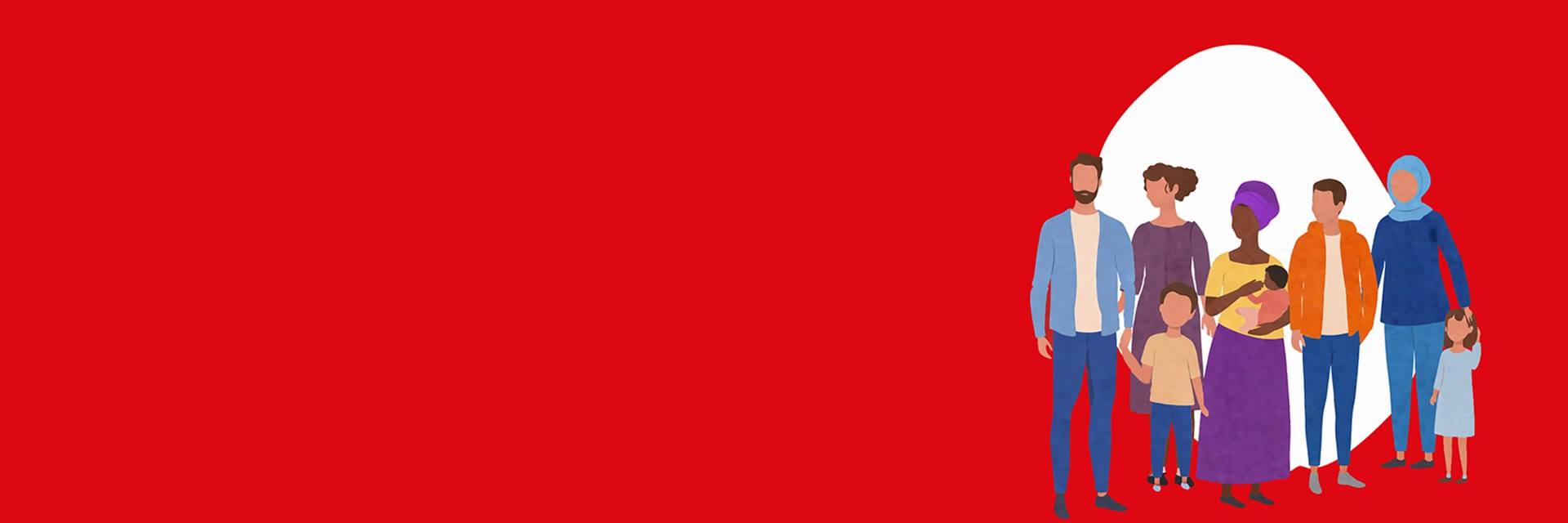 Roter Hintergrund mit einer illustrierten Gruppe Menschen