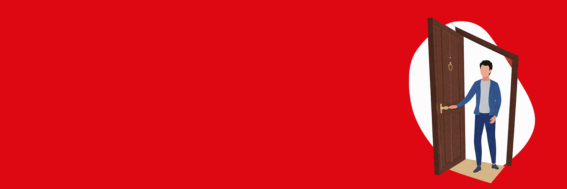 Roter Hintergrund mit einem illustrieren Mann der eine Tür öffnet.
